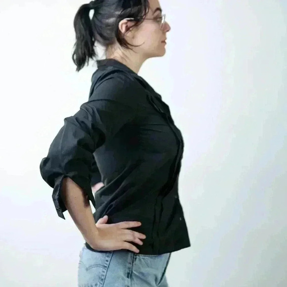 Vintage 90s Sheer Black Pleated Button Down Blouse - Picture 6 of 8